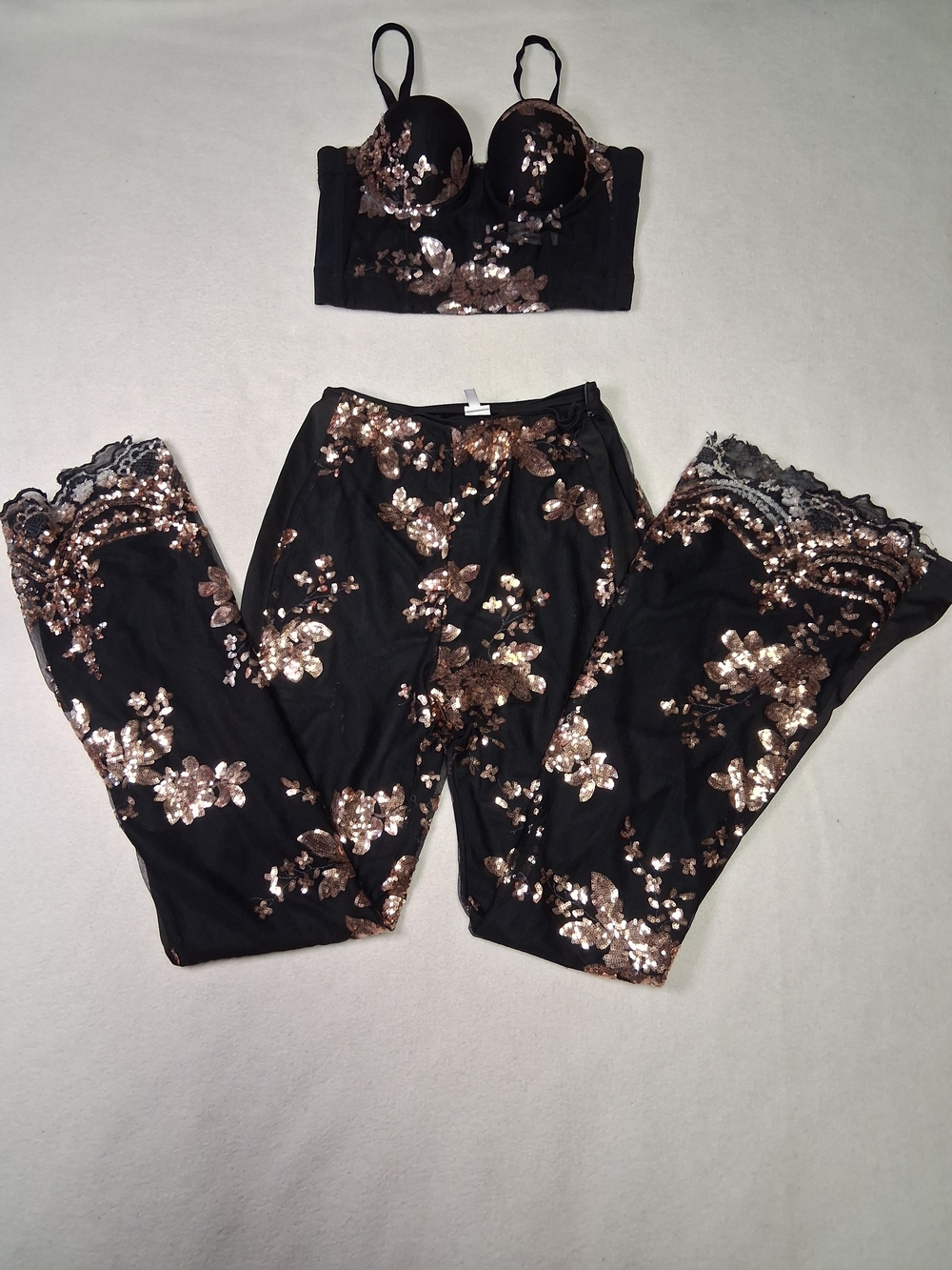 Black Sequin Floral Wide-Leg Pants by